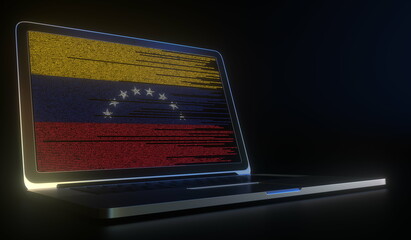Laptop and source code on the screen composing flag of Venezuela. National information technology related 3d rendering