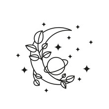 Boho Floral Crescent Moon With Planet, Leafy Branches And Stars.