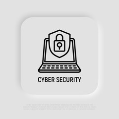 Wall Mural - cyber security, open laptop with shield thin line icon. modern vector illustration.