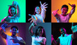 © Lustre Art Group  - six young people, men and women gesticulating at camera isolated over colored backgrounds in neon lights.