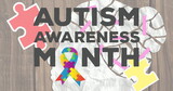 Fototapeta Młodzieżowe - Image of autism awareness month text over puzzles forming ribbon and white woman's head