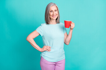 Sticker - Photo of pretty charming good mood smiling mature woman drinking warm coffee isolated on teal color background