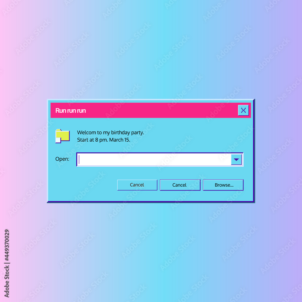 Old computer window. System message alert, neon window with icon and ...