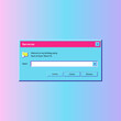 © KozyPlace - Old computer window. System message alert, neon window with icon and button in classic style. UI elements for computer screen, retro system mockup. Vector illustration vintage tab 90s software UI.