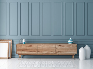 Wall Mural - Modern wooden commode or tv console mockup in empty room with gray blue wall