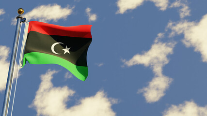 Wall Mural - Libya 3D rendered realistic waving flag illustration on Flagpole. Isolated on sky background with space on the right side.