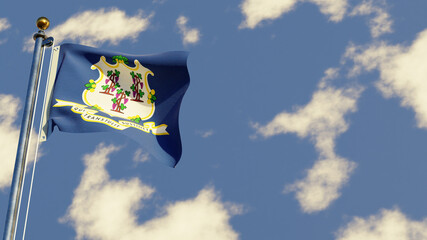 Wall Mural - Connecticut 3D rendered realistic waving flag illustration on Flagpole. Isolated on sky background with space on the right side.