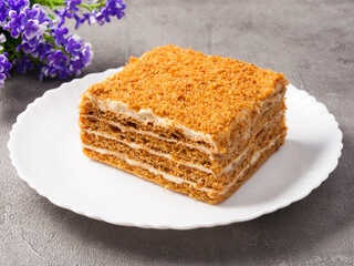 Wall Mural - a piece of honey cake on a white plate on a gray background