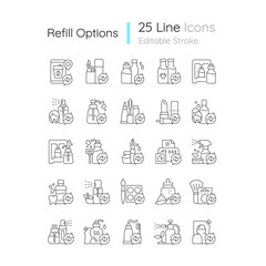 Poster - Refill options linear icons set. Eco friendly package. Reusable products to reduce carbon print. Customizable thin line contour symbols. Isolated vector outline illustrations. Editable stroke