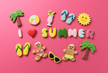 Wall Mural - Gingerbread man and gingerbread woman summer cookies, i love summer cookies theme, pink background