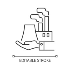 Poster - Manufacturing linear icon. Plants and ownership. Production of goods. Machine industry. Thin line customizable illustration. Contour symbol. Vector isolated outline drawing. Editable stroke