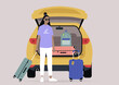 A young female Asian character packing suitcases in a car trunk, summer break road trip, vacation lifestyle