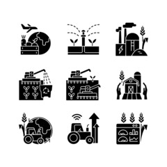 Wall Mural - Agricultural business black glyph icons set on white space. Ecological farming. Farm modernization and innovation. Monitoring and management. Silhouette symbols. Vector isolated illustration