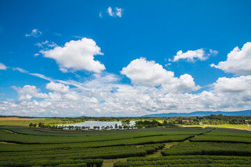 green farm sky clouds beautiful mountains good weather