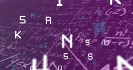 Multiple changing numbers and alphabets against mathematical equations on purple background
