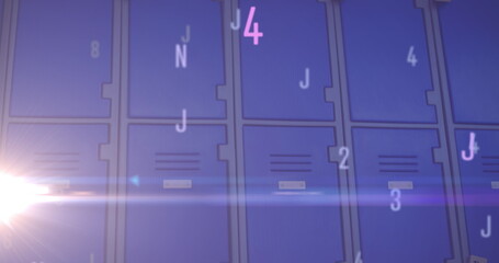 Digital composition of changing numbers and alphabets and spot of light against school lockers in ba