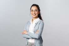 Education, Women And Lifestyle Concept. Attractive Asian Female Entrepreneur, Girl Tutor Smiling Satisfied, Cross Hands Chest, Pleased Help Customer With Any Question, Grey Background