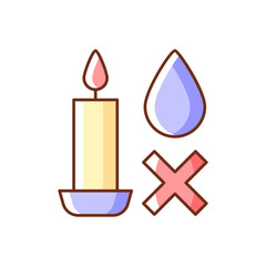 Wall Mural - Extinguish candle without water RGB color manual label icon. Hot wax splattering prevention. Fire hazard. Isolated vector illustration. Simple filled line drawing for product use instructions