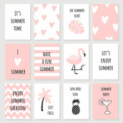 Wall Mural - A set of cute pink cards and posters with summer elements.