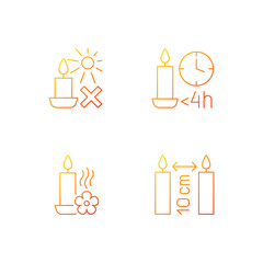 Wall Mural - Candle warning label gradient linear vector manual label icons set. Avoid sunlight. Thin line contour symbols bundle. Isolated vector outline illustrations collection for product use instructions