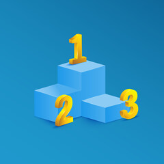 Wall Mural - Blue pedestal empty isolated with gold number on blue background. Vector podium for product demonstration.