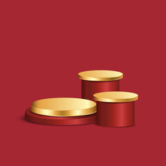 Wall Mural - Red and gold round pedestal empty isolated on red background. Vector podium for product demonstration.