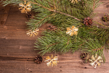 Christmas festive old wooden background. Zero waste Christmas decor concept