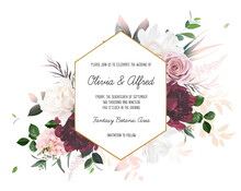 Dusty Pink Rose, Hydrangea, Magnolia, Burgundy Peony Vector Design Invitation Frame.