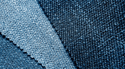 Wall Mural - close up wool fabric drapery swatch showing in blue color tone. macro view of fabric curtain sample palette for interior material. vintage style drapery catalog swatch.