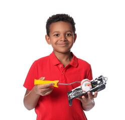 Poster - Little African-American boy with paint roller on white background