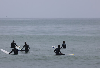 Wall Mural - surfers waiting for a wave  the beac