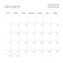 Simple Wall Calendar For January 2022 With Dotted Lines. The Calendar Is In English, Week Start From Sunday.