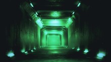Going In Spooky Tunnel Green Lights Flickering . Camera Walking Through An Eerie Tunnel With Low Green Lights Flickering
