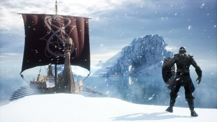 Wall Mural - A lonely brave Viking stands on the glacier next to his Drakkar. Viking warship in winter natural conditions. The loopable animation is perfect for historical, war and medieval backgrounds.