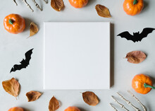 Halloween Concept. Blank Canvas Frame And Halloween Decoration. Mockup Poster. Top View. 