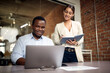 © Drazen - Happy African American businessman works on computer while his colleague is taking notes in office.