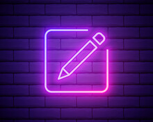 Simple Pencil Symbol. Neon Style. Light Decoration Icon. Bright Electric Symbol Isolated On Brick Wall.