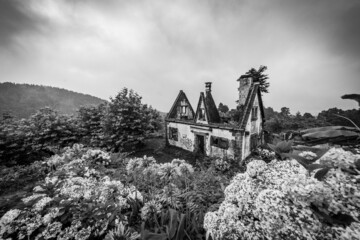 Black and white building, old and abandoned, Azores.