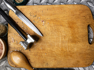 Wall Mural - wooden chopping board  and kitchen equipment top view for food concept