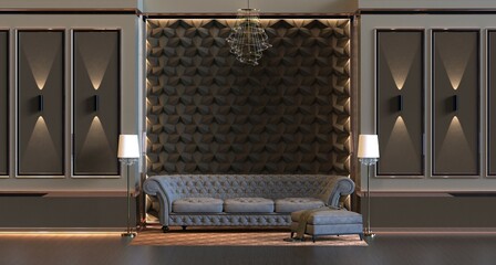 Wall Mural - 3d rendering of design interior living room with lamp and padded wall wall panel