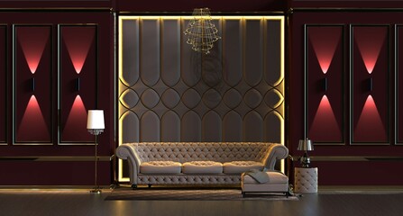 Wall Mural - 3d rendering of design interior living room with lamp and padded wall wall panel