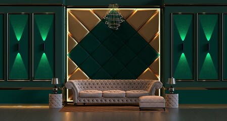 3d rendering of design interior living room with lamp and padded wall wall panel