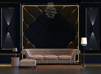 Wall Mural - 3d rendering of design interior living room with lamp and padded wall wall panel