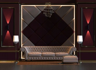 Wall Mural - 3d rendering of design interior living room with lamp and padded wall wall panel