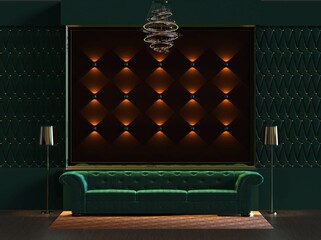 Wall Mural - 3d rendering of design interior living room with lamp and padded wall wall panel