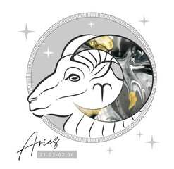 Modern magic witchcraft card with astrology Aries zodiac sign. Ram or mouflon head logo design