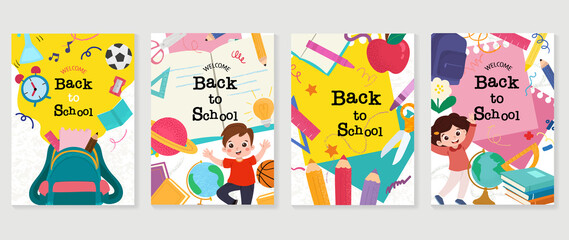 Wall Mural - Back to school vector banners. Background design with children and education accessories element. Kids hand drawn flat design for poster , wallpaper, website and cover template. 