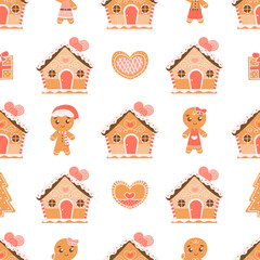 Wall Mural - Christmas gingerbread man and houses seamless pattern on white background, colourful wrapping paper design or textile, winter holidays background for kids, sweeet biscuits