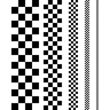 Checker Stripes Samples. Vector Vertical Chess Tile Lines. Seamless Checker Squares Inline And Different Sizes. Isolated Checker Decor Stripes.