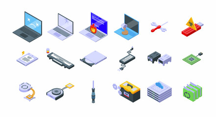 Laptop repair icons set isometric vector. Technician repair. Computer broken